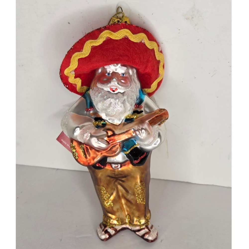 Santa Claus Mariachi Glass Christmas Ornament Red Sombrero Guitar Mexican